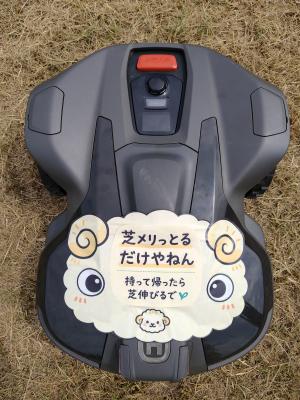 ロボット芝刈り機しばひつじの近影です。芝刈っとるだけやねん、持って帰ったら芝伸びるでといっています。