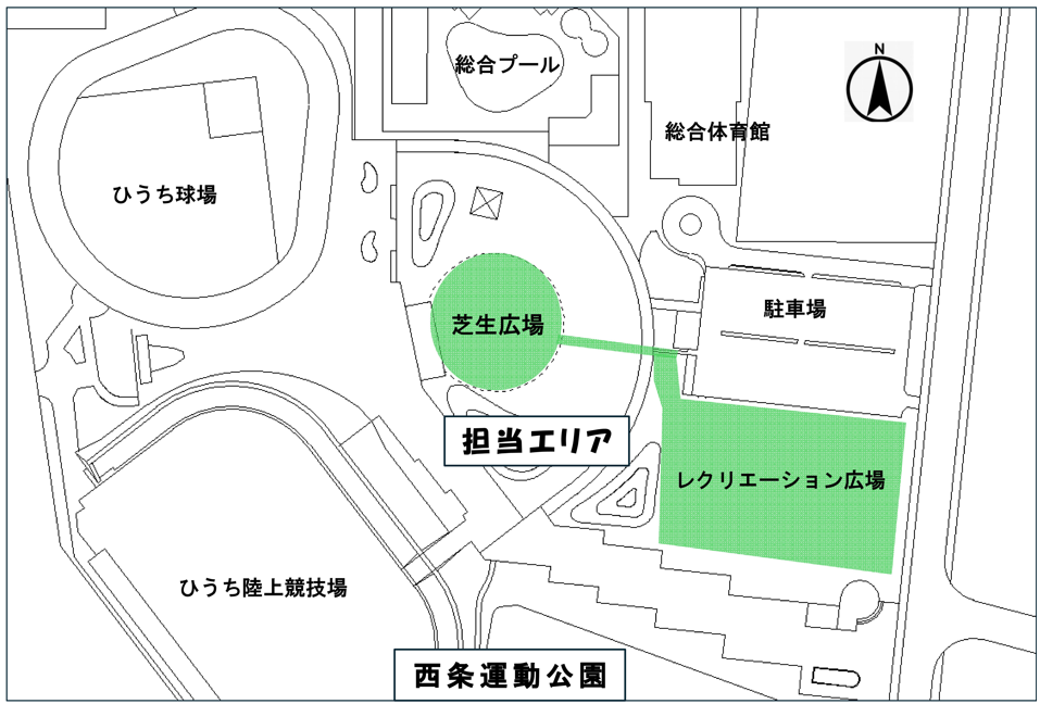 自動芝刈機の稼働範囲の位置図です。芝生広場とレクリエーション広場内で動きます。